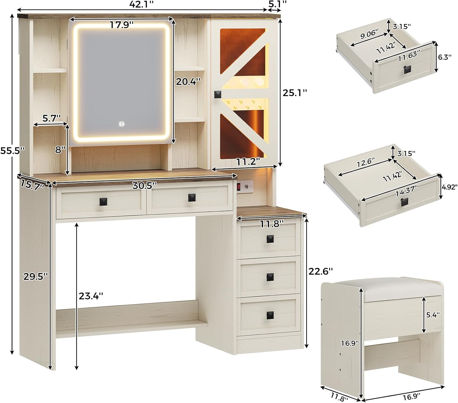 Farmhouse Vanity Desk with Mirror and Lights, Makeup Vanity Set with Lights & Jewelry Cabinet & 5 Drawers, Vanity Table with Charging Station, Hidden Storage Space for Bedroom, Antique White