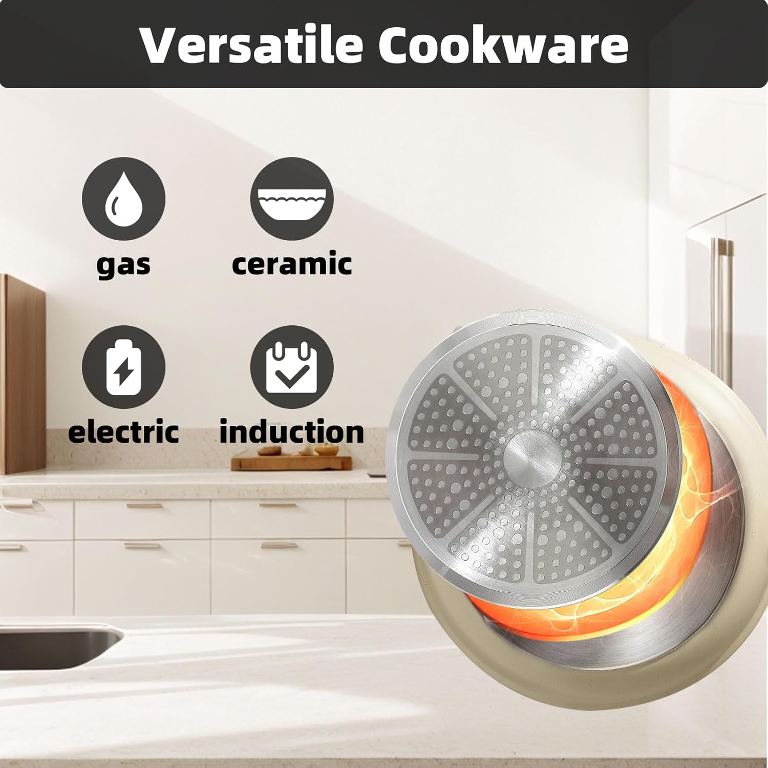 SIMATE 12 Pcs White Granite Pots and Pans Set, Non Stick Cookware with Detachable Handle for Gas and Induction Stoves, Stackable Cookware Set for Limited Space