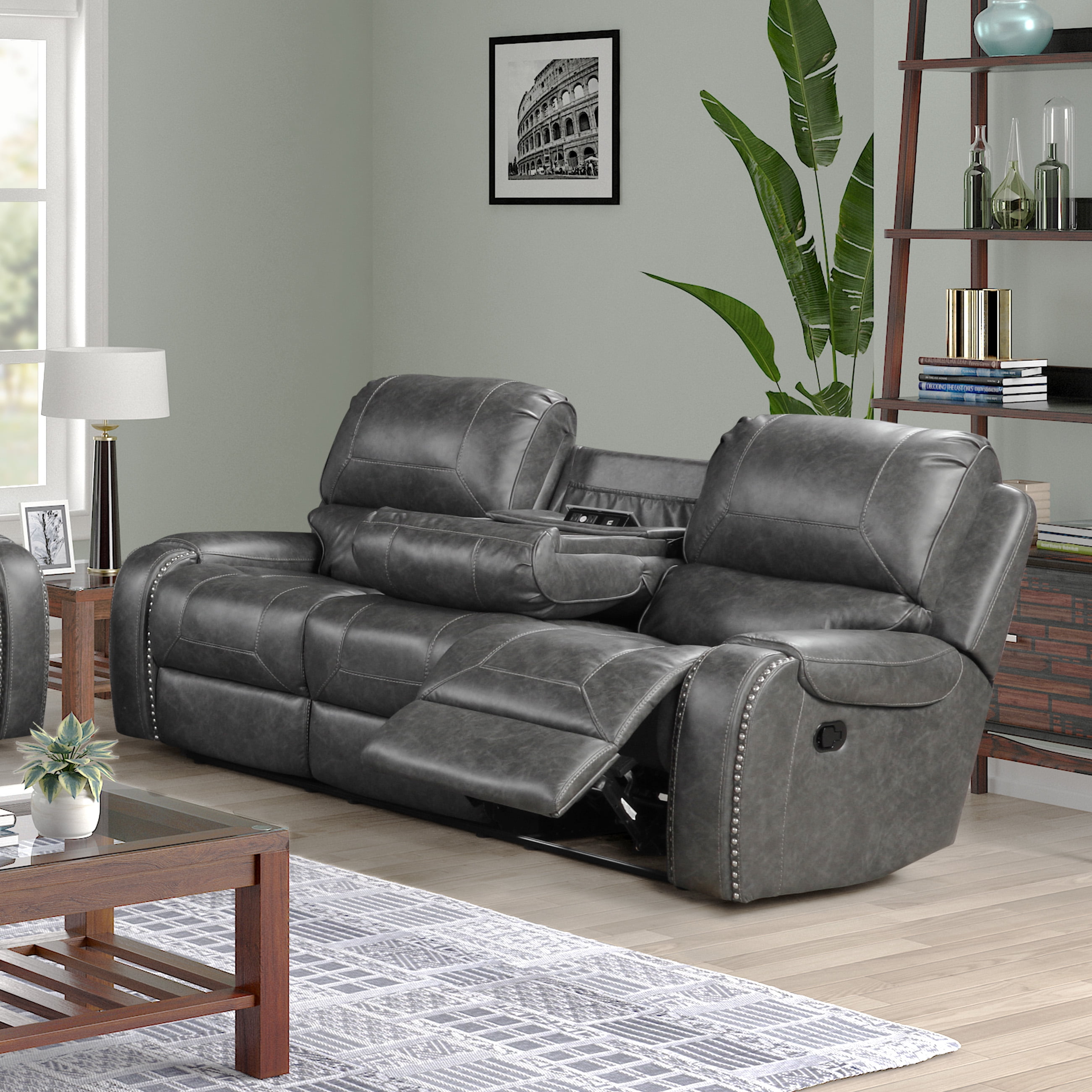 Achern Gray Leather Air Nailhead Manual, Gray Leather Reclining Sofa And Loveseat
