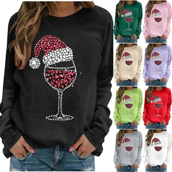 yoeyez Womens Christmas Sweatshirts Funny Red Wine Glass Graphic Tees Blouse Crew Neck Long Sleeve Xmas Shirts Tunic Holiday Party Pullover