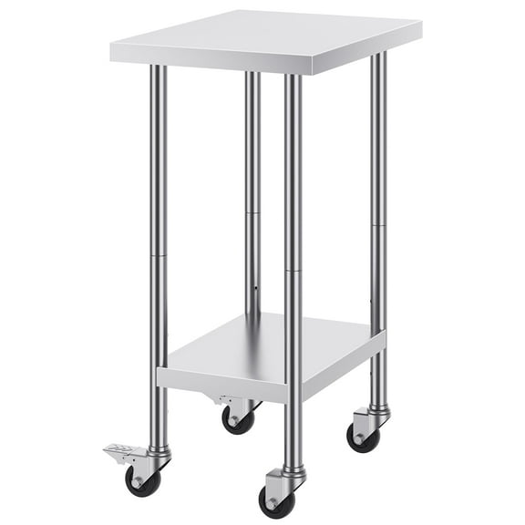 KFFKFF Stainless Steel Work Table 24 x 18 x 38 Inch, with 4 Wheels, Adjustable Heights, Durable Food Prep Table for Professional Kitchens, Silver