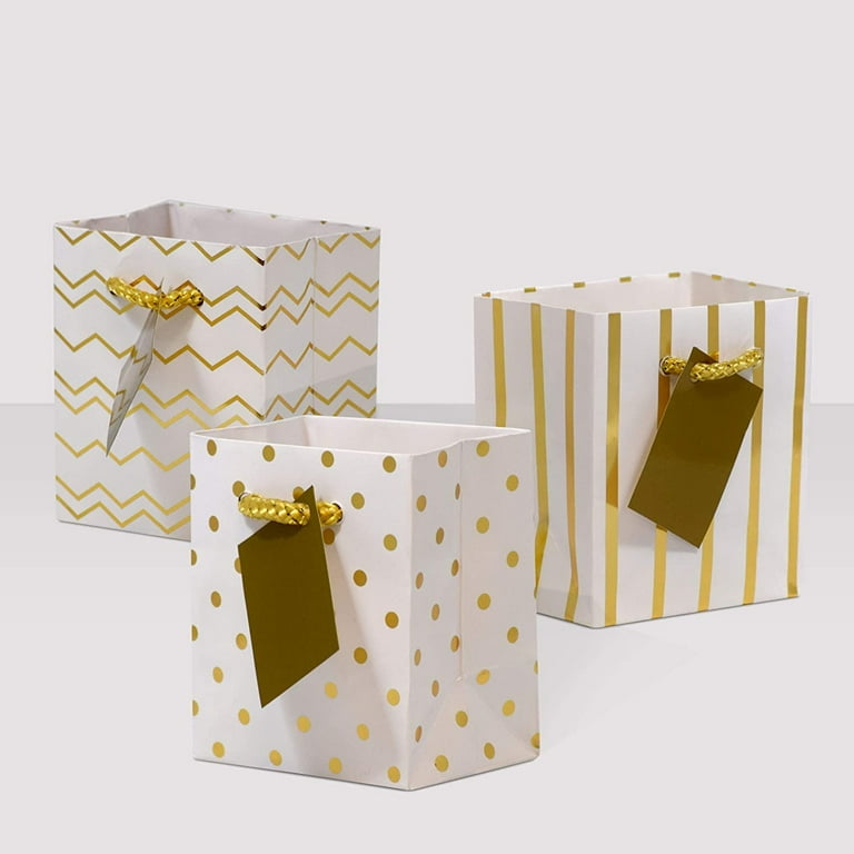 OccasionAll- Paper Metallic Gold Gift Bags with Handles for Party Favours  4x2.75x4.5 12 Pcs 