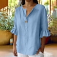 thumbnail image 4 of Naotn Ruffle 3/4 Sleeve Linen Shirts for Women Summer Casual Solid Color Button V Neck Tunic Tops, 4 of 7