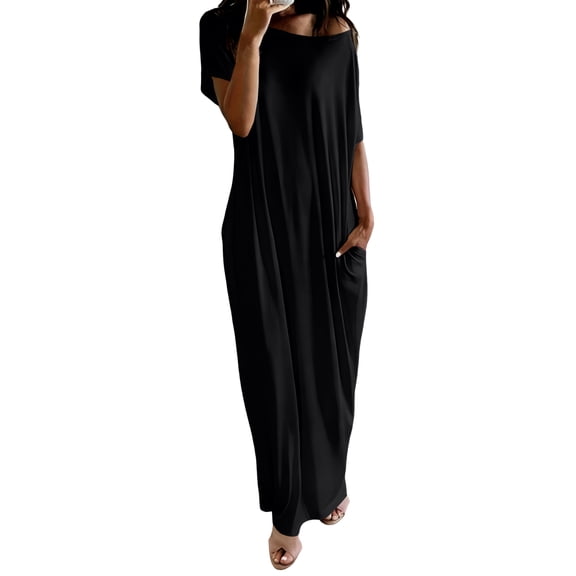 Delconic Loose Fit Off Shoulder Maxi Dress for Women Short Sleeve Casual Long Dress Soft Fabric Comfortable Wear Black L