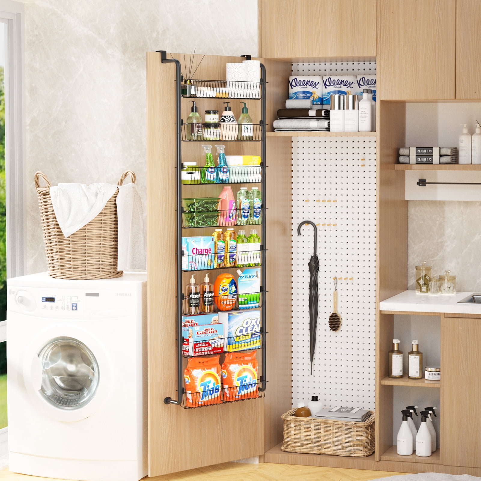 Yeabett 8-Tier Over the Door Pantry Organizer, Larger Baskets Metal Pantry Organization and Storage, Door Back Hanging Space Saver for Kitchen, Laundry, Bathroom, Black