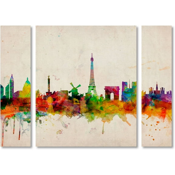 Trademark Fine Art "Paris Skyline" Canvas Art by Michael Tompsett Three Panel Set