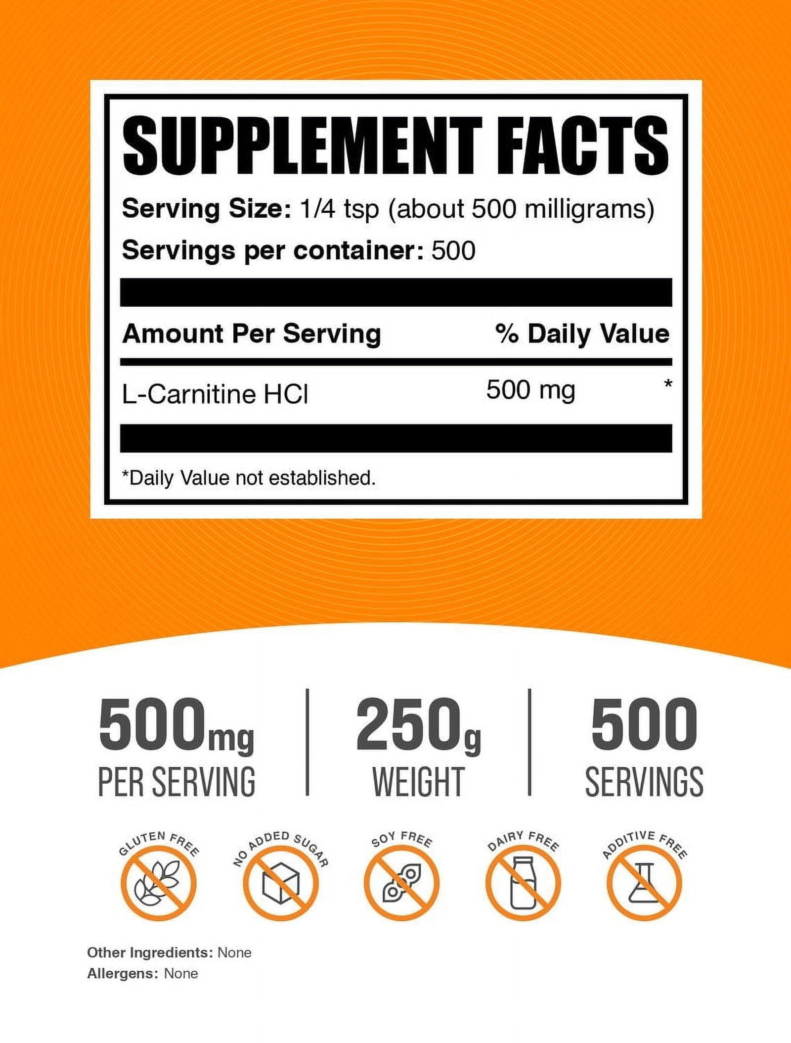 BulkSupplements L-Carnitine HCl Powder, 250 Grams (8.8 oz) - 500 Servings