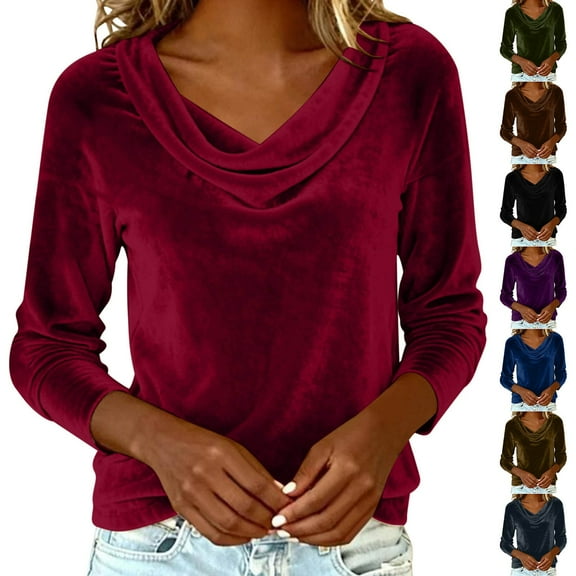 Xdegoge Velvet Tops for Women Long Sleeve Cowl Neck Shirt Classic Simple Top Casual Loose Elegant Blouse Fall Winter Solid Color Vintage Blouses for Party