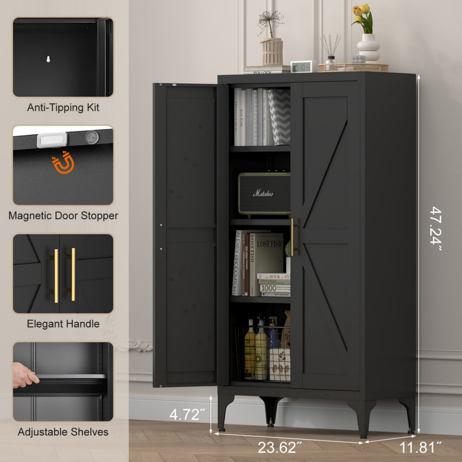 47" H Metal Storage Cabinet, 2-Door Steel Pantry Cabinet with Adjustable Shelves, Freestanding Kitchen Storage Cabinet for Living Room, Bedroom, Office, Black