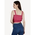 thumbnail image 3 of DressBerry Women's Solid Poly Crepe Crop Top Casual Summer Thick Straps Frilled Border Elastic Waist Square Neck Sleeveless Western Style Slip-On Light Weighted High Waist Short Top, 3 of 6