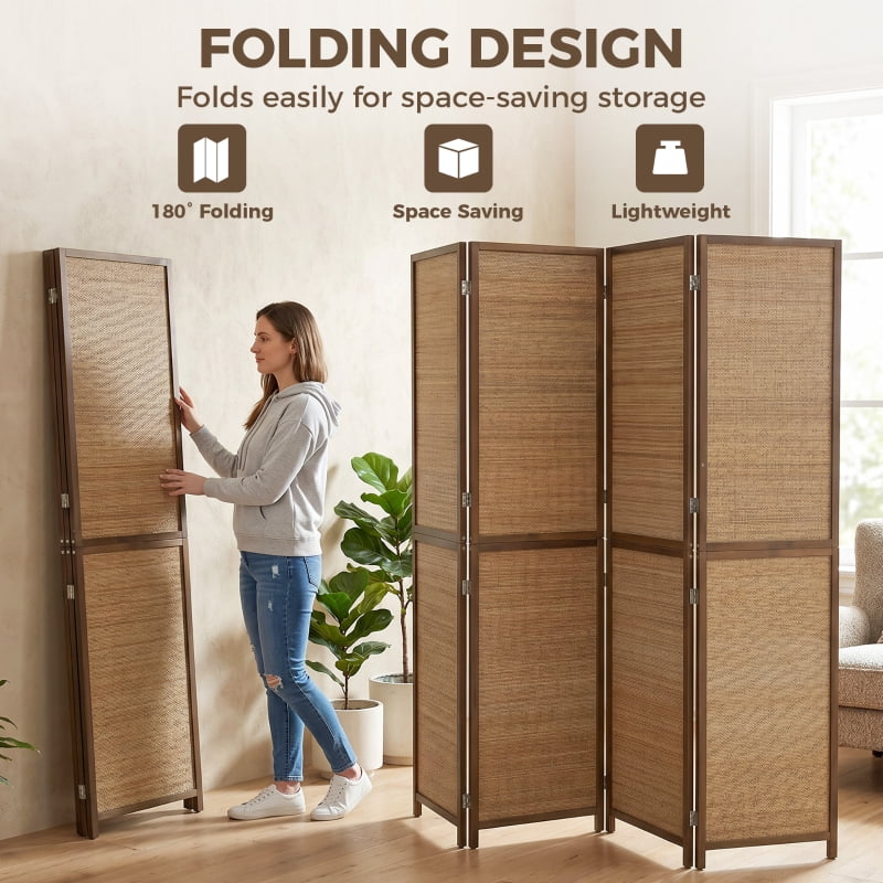 Alvantor 4-Panel Folding Privacy Screen, Freestanding Bamboo Room Divider with Open-Weave Design 63"x70.9" Brown