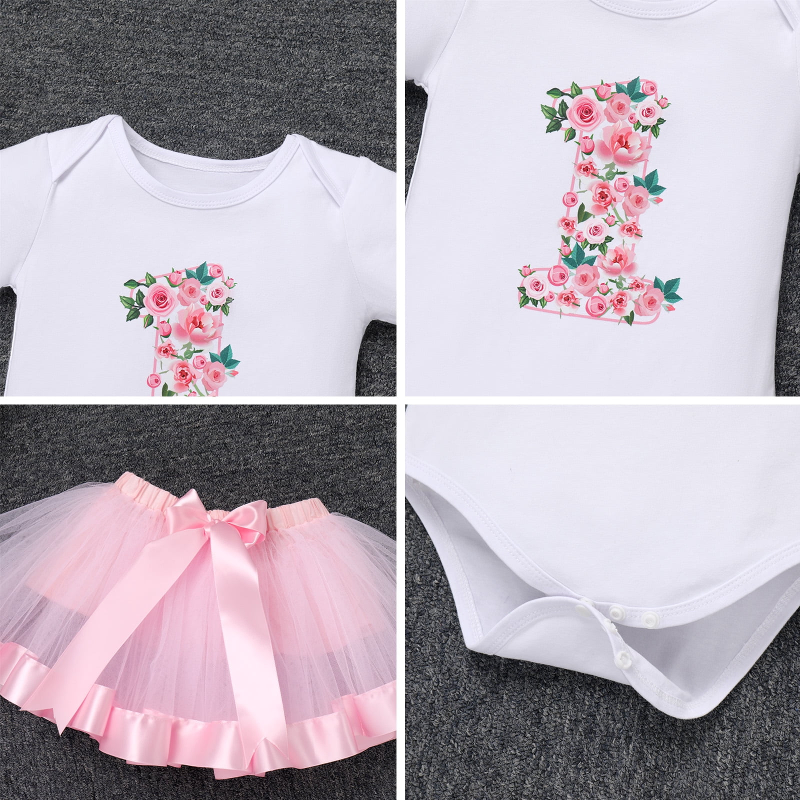 IBTOM CASTLE Infant Baby Girl One Year Old Birthday Outfit Floral Lace Party Cake Smash Romper + Tutu Skirt + Crown Clothes Set for Photo Shoot 1 Year Pink - Flower