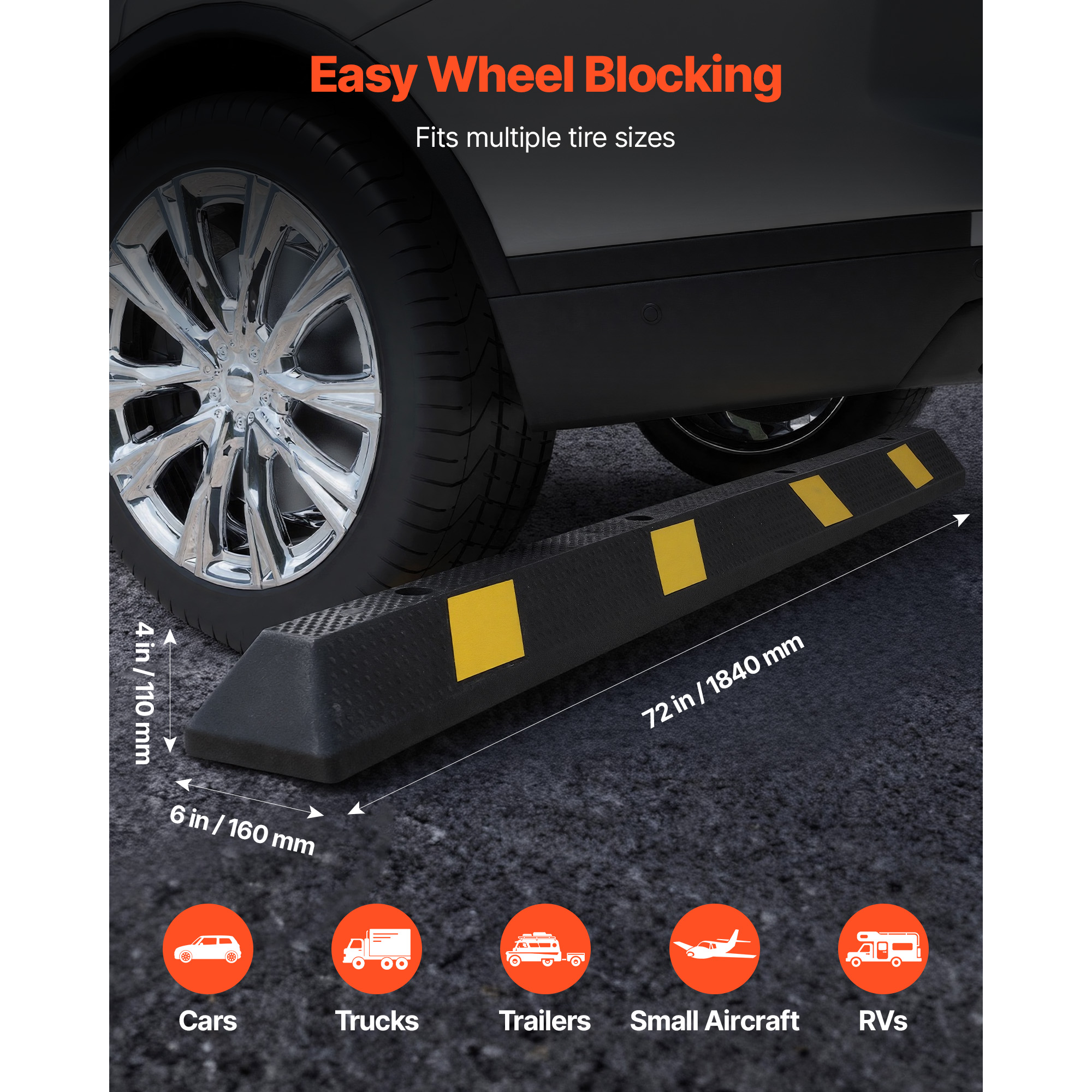 KFFKFF 72-Inch Parking Stopper, Set of 2 Durable Garage Parking Aids, Rubber Curb Floor Stop with Reflective Strips, Tire Guide Blocks for Cars, Vans, and Trucks