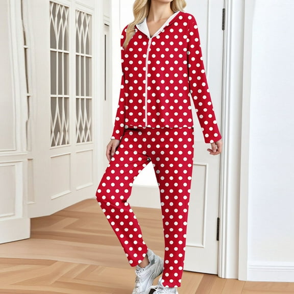 AGWOLF Pajamas Set for Women Cute Dot Graphic Long Sleeve Pajamas Comfy Button Down Sleepwear