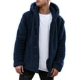 thumbnail image 2 of Domuza Fuzzy Sherpa Jacket for Men Fluffy Fleece Open Front Cardigan Button Down Hooded Coat Fall Winter Warm Thicken Lined Soft Comfy Outwear Dark Blue 3XL, 2 of 5