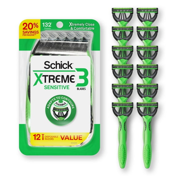 Schick Xtreme 3 Blade Disposable Razors for Men, 12 Ct, Men's Sensitive Skin Manual Razors