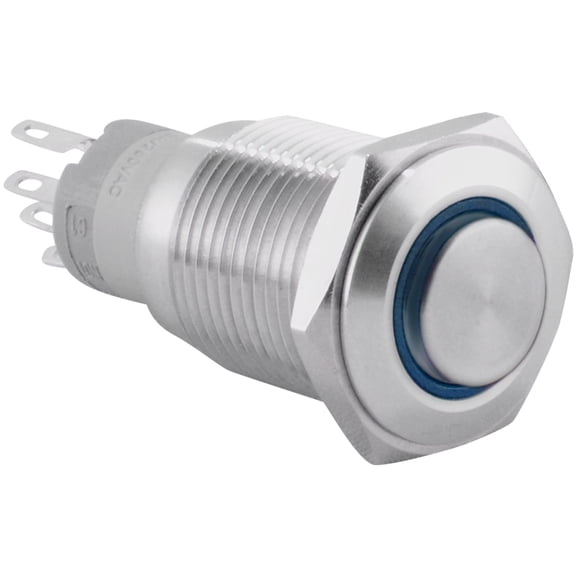 JacobsParts Momentary Pushbutton Starter Switch Stainless Steel Silver with Blue LED fits 5/8" (16mm) Diameter Panel Cutout Hole