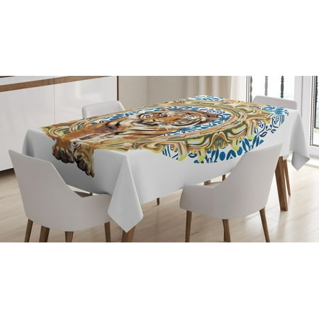 

Tiger Tablecloth Large Cat Crossing from Vintage Frame Japanese Design Exotic Adventure Rectangular Table Cover for Dining Room Kitchen 60 X 90 Inches Royal Blue Pale Brown by Ambesonne