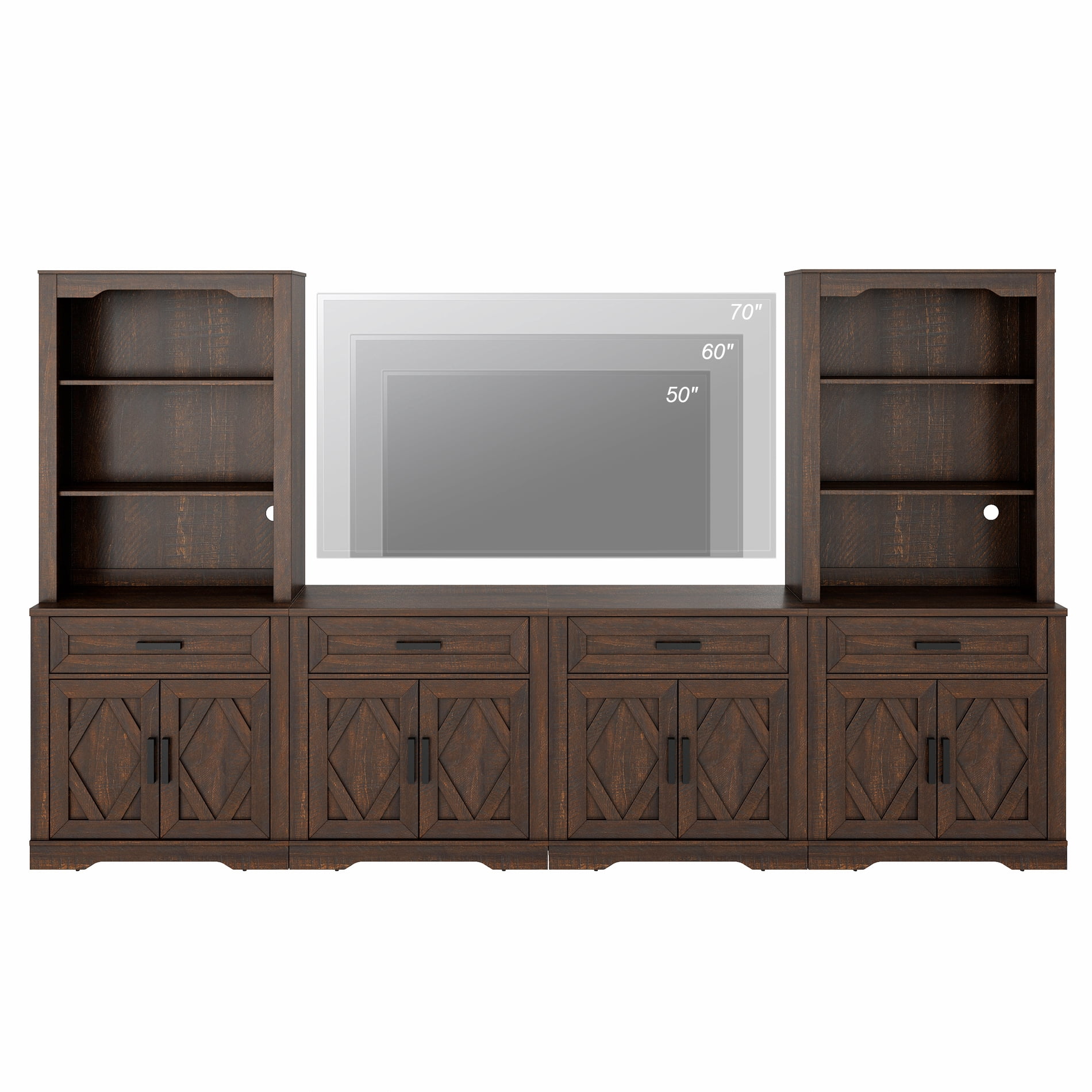 WAMPAT Farmhouse Entertainment Center with Bookshelf for TVs up to 70",Mid Century Modern TV Stand with 73"H Tall 5-Tier Bookcase with Open Storage and Barn Doors for Living Room,Bedroom,Rustic Brown
