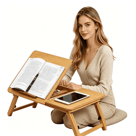 GOCAPTAIN Collapsible Lap Desk, Portable Bamboo Folding Desk with Tilting Surface – Adjustable Laptop Stand for Bed, Couch or Home Office – 19.69"x11.81"