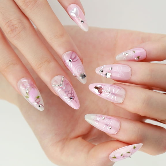 Huhudde Almond Press on Nails Glossy Fake Nails Stick on Nails 12 Sizes,24Pcs French Nails Tips for DIYS Nails Art Decorations