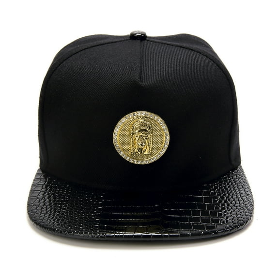 Men's Golden Jesus Hip Hop Flat Brimmed Hat Flat Brim hat Luxury Snapback Baseball Cap with Gold Medallion, Black Faux Croc Brim (US, Numeric, 7 3/8, Black)