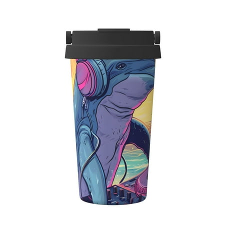 

Xecao Hip-Hop DJ Dolphin Pattern Insulated Coffee Mug with Handle & Flip Thermos Mug Water Bottle Coffee Tumbler Cup