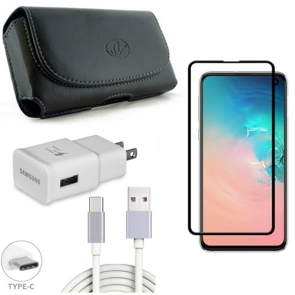 Galaxy S10e Case Belt Clip w Fast Home Charger w Screen Protector - Leather Holster Cover, Type-C 6ft USB Cable Quick, Tempered Glass 5D Curved Edge for Samsung Galaxy S10e Phone