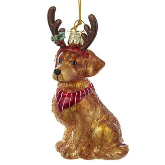 Noble Gems Golden Retriever with Antlers Glass Ornament