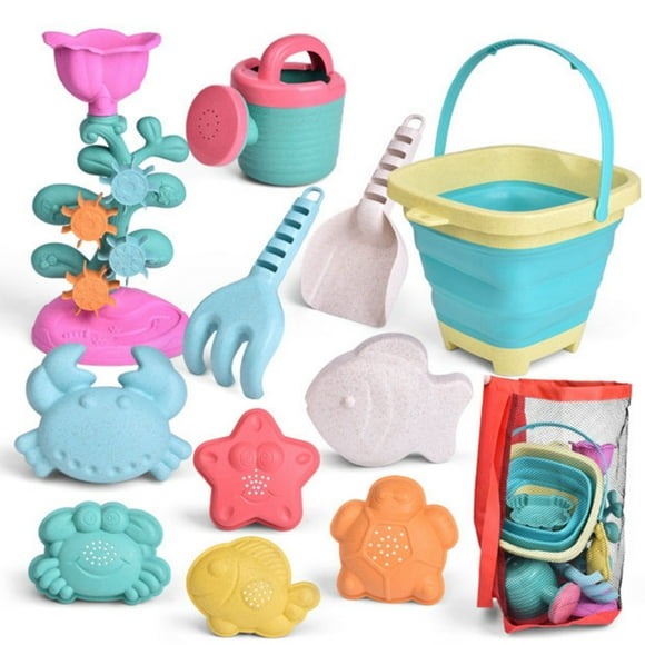 Fun Little Toys Kids 12 Piece Beach Sand Toy Set, Foldable Beach Bucket, Water Wheel, Watering Can, Shovel, Rake, Sand Molds and Mesh Bag, Eco-Friendly Sandbox Toys Kids Outdoor Toys