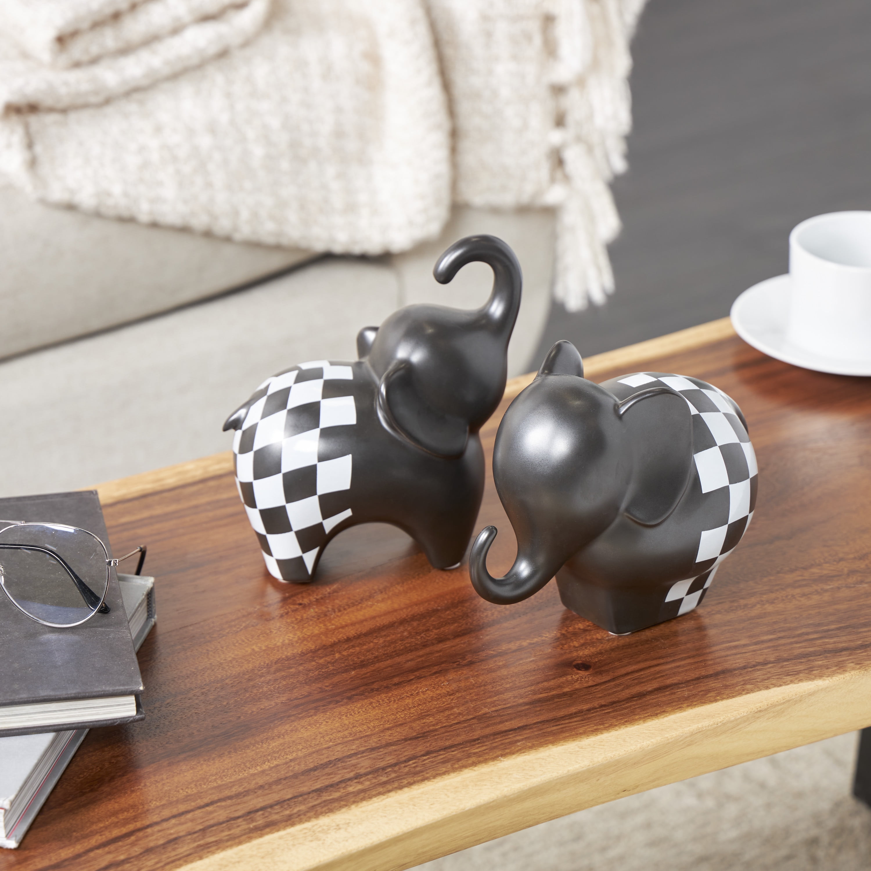 6", 7"H Black Ceramic Small Elephant Sculpture with Checkered Pattern, by DecMode (2 Count)