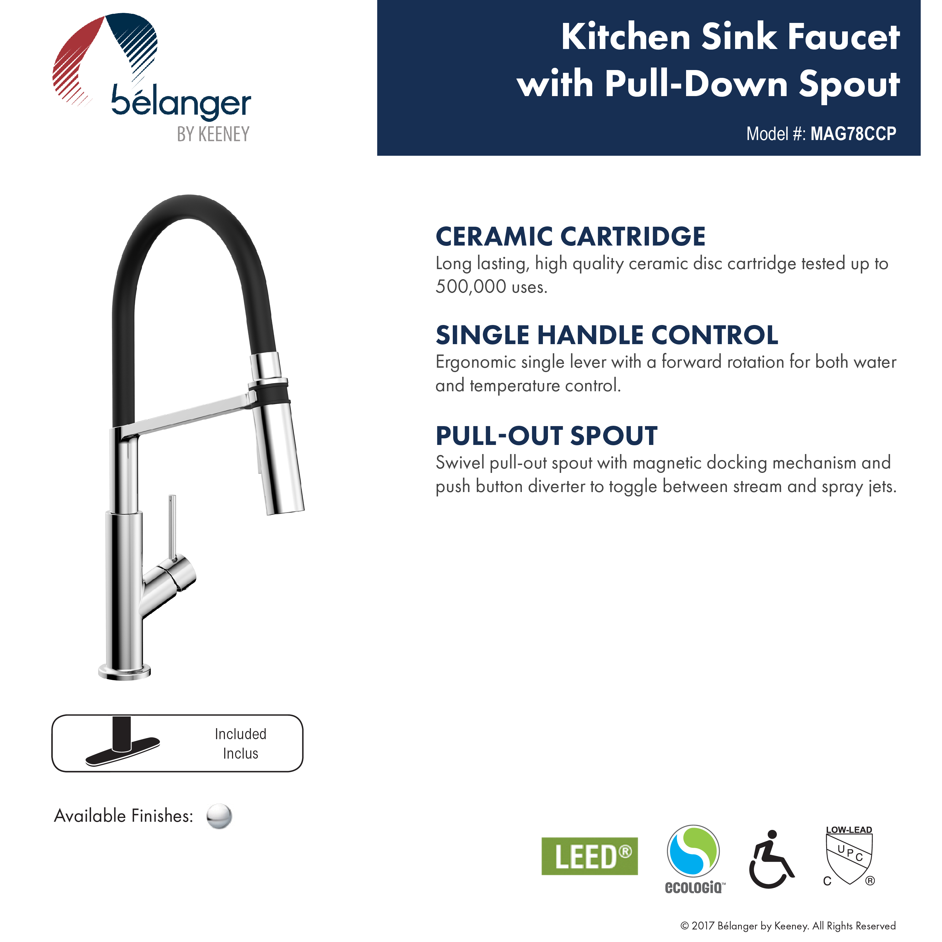 Keeney MAG78CCP Single Handle Pull-Down Kitchen Faucet, Polished Chrome