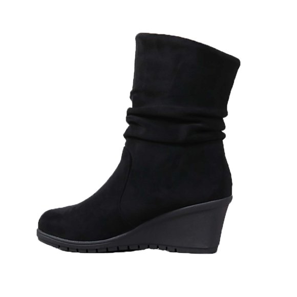 NOKIO Women’s Chun𝗄y Heel Ankle Boots Suede Leather Mid Calf Booties with Side Zipper Wedg𝖾 Heel Dress Boots for Fall Winter Non-Slip Sole