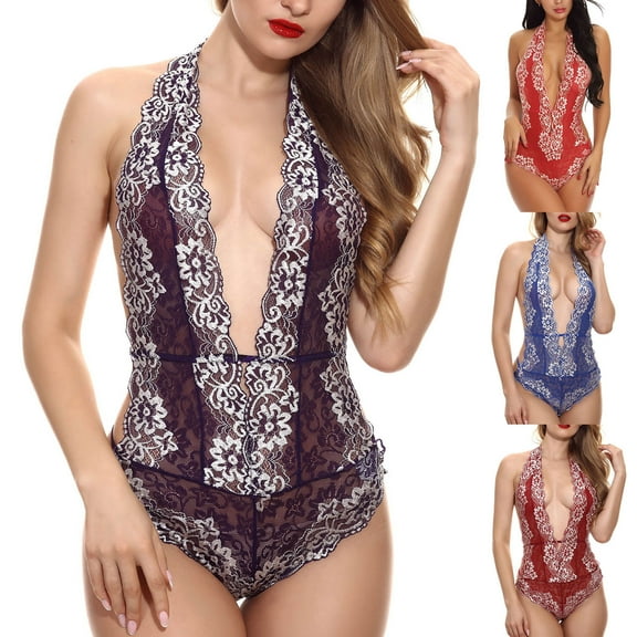 Elainilye Fashion Womens One Piece Lingerie Deep V Mesh Sheer Bodysuit Pajamas Elastic Sling One-piece Pajamas,Blue