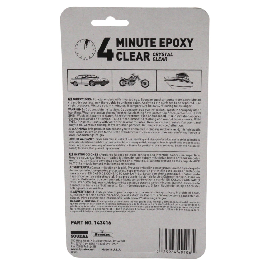 Dynatex 4 Minute Clear Epoxy Adhesive 2 oz - 60 Min Working Time, Bonds & Repairs Metal Wood Concrete Glass, Clear Machinable (10-Pack)