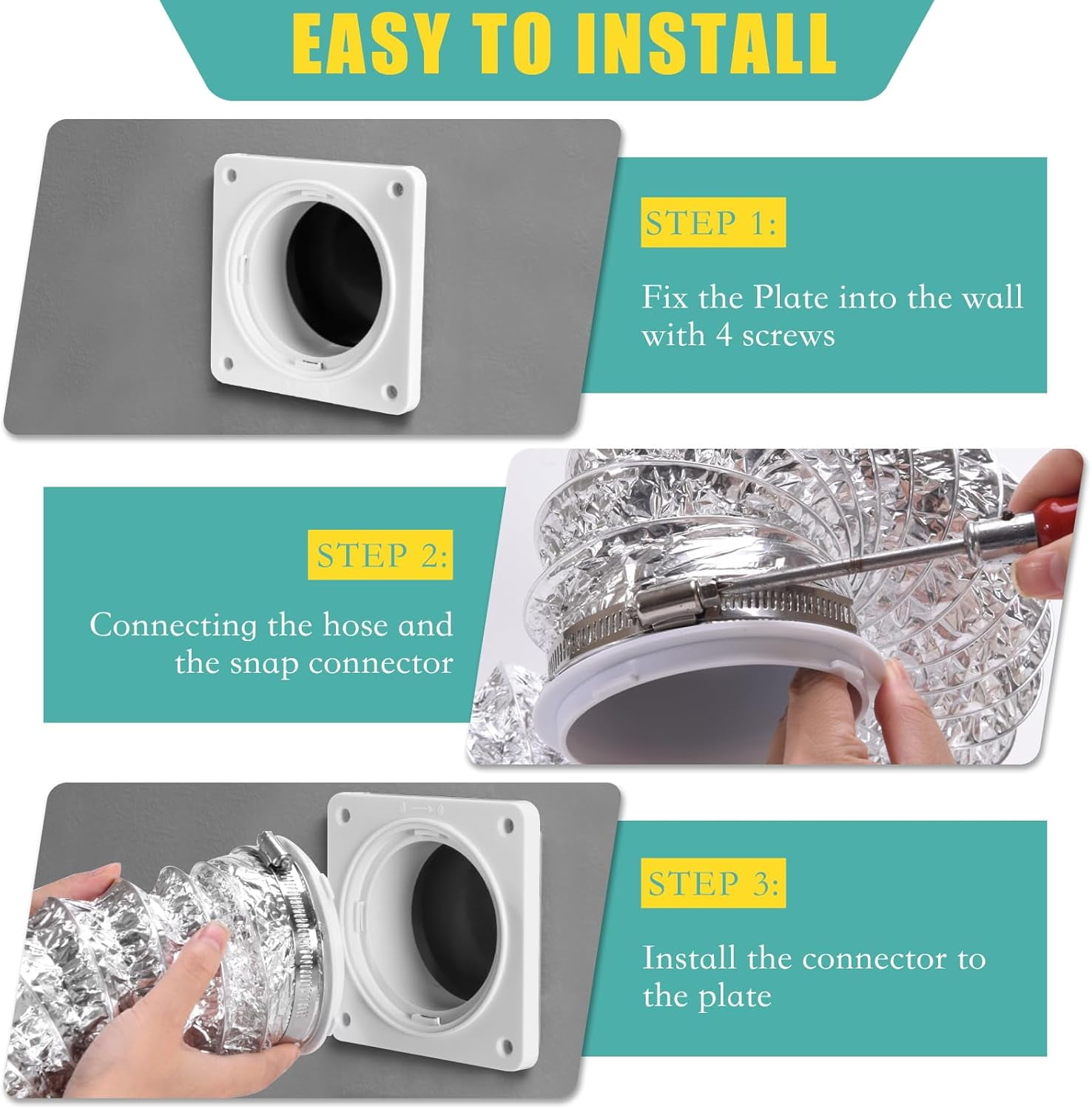 Dryer Vent Hose Connector Kit - Dryer Vent Wall Plate with Hose - Dryer Duct Connector with Quick Connect & Disconnect Dryer Dock Connector (Dryer Vent Connector with 4in-5ft Hose)