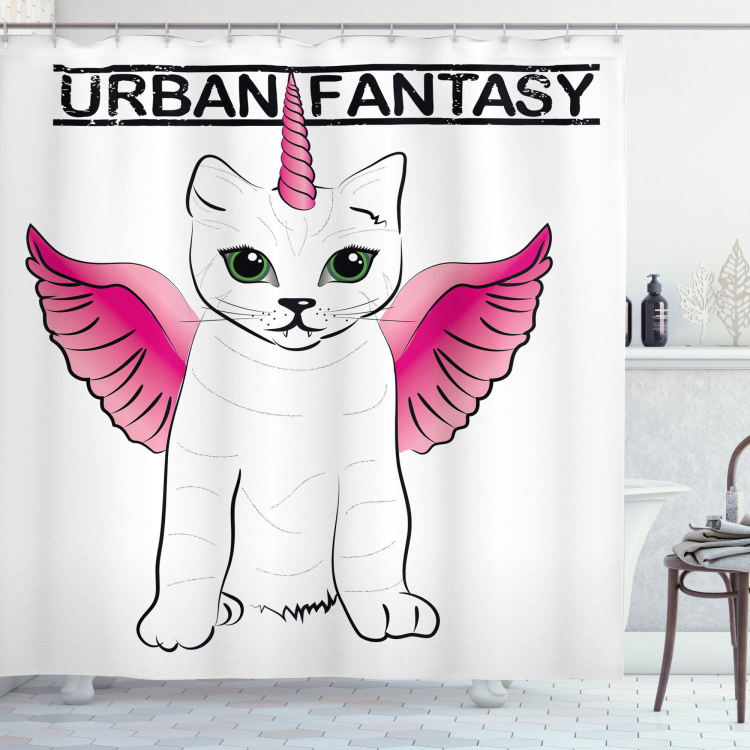 Bathroom Waterproof Fabric Cat With Wings Riding Unicorn Shower Curtain Hook Mat 