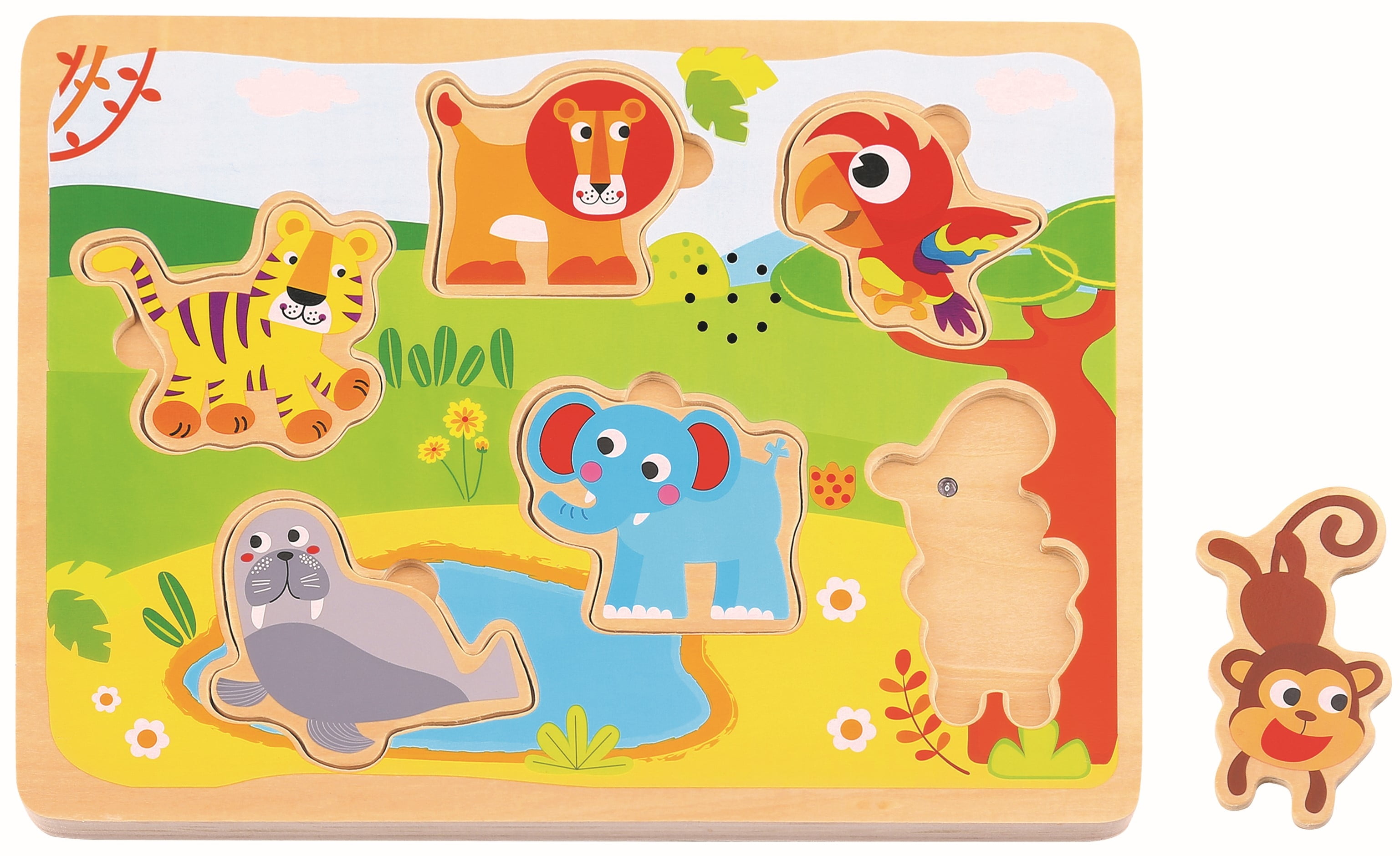 TOOKYLAND Animal Sounds Peg Puzzle - 7pcs - Wooden Puzzle with Sound Effects,  Ages 18m+ 
