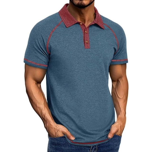 T-Shirts Homme Printemps Manches Courtes Col à Revers Polyvalent Chemises d'Été Homme Bleu TTTG