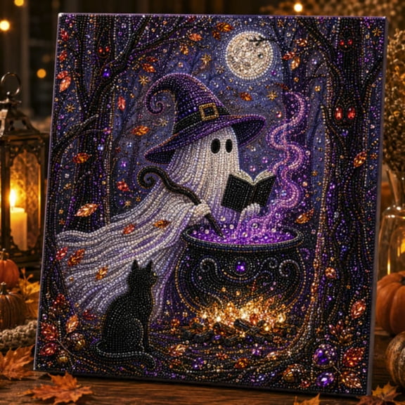 Halloween Ghost Witch Beaded Pearl Art Kit, Halloween Bead Art Kit for Adults, Spooky Ghost Black Cat Cauldron Picture for Home Wall Decor Gift