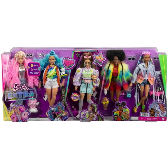 Barbie Extra 5-Doll Set with 6 Pets & 70 Styling Pieces for Kids 3 Years Old & Up