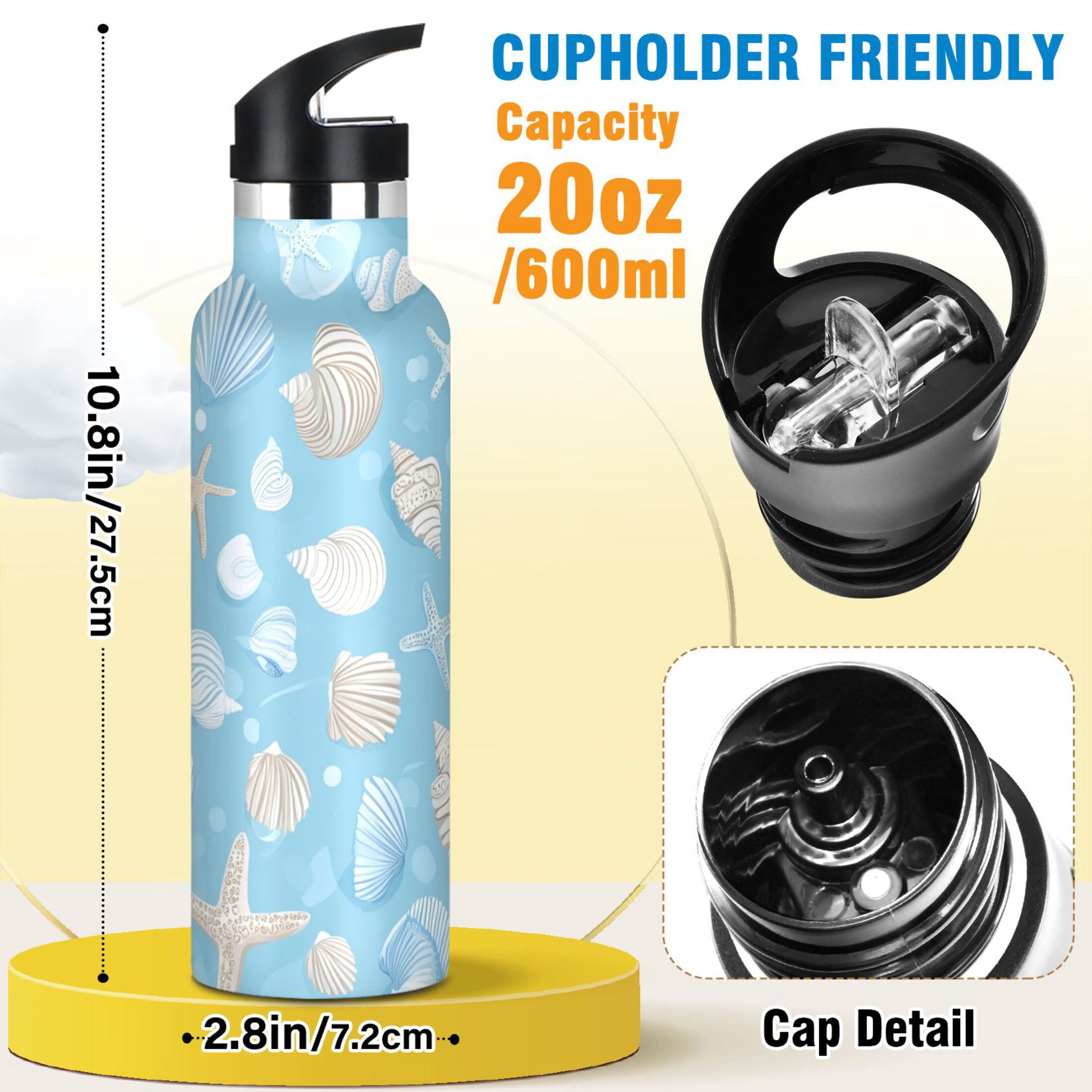 Kids Insulated Stainless Steel Sports Water Bottle 600ml (20oz), BPA-Free Light Blue Seashells and Starfish