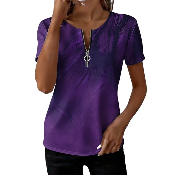 Erwazi Women's Short Sleeve Printed Blouse Zip V Neck Trendy Relax Fit Pullover Summer Casual Tops