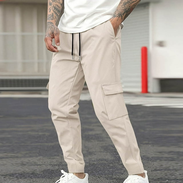 Yusimy Men's Cargo Pants Solid Color Waffle Texture Elastic Drawstring Waist Tapered Leg Utility Work Pants