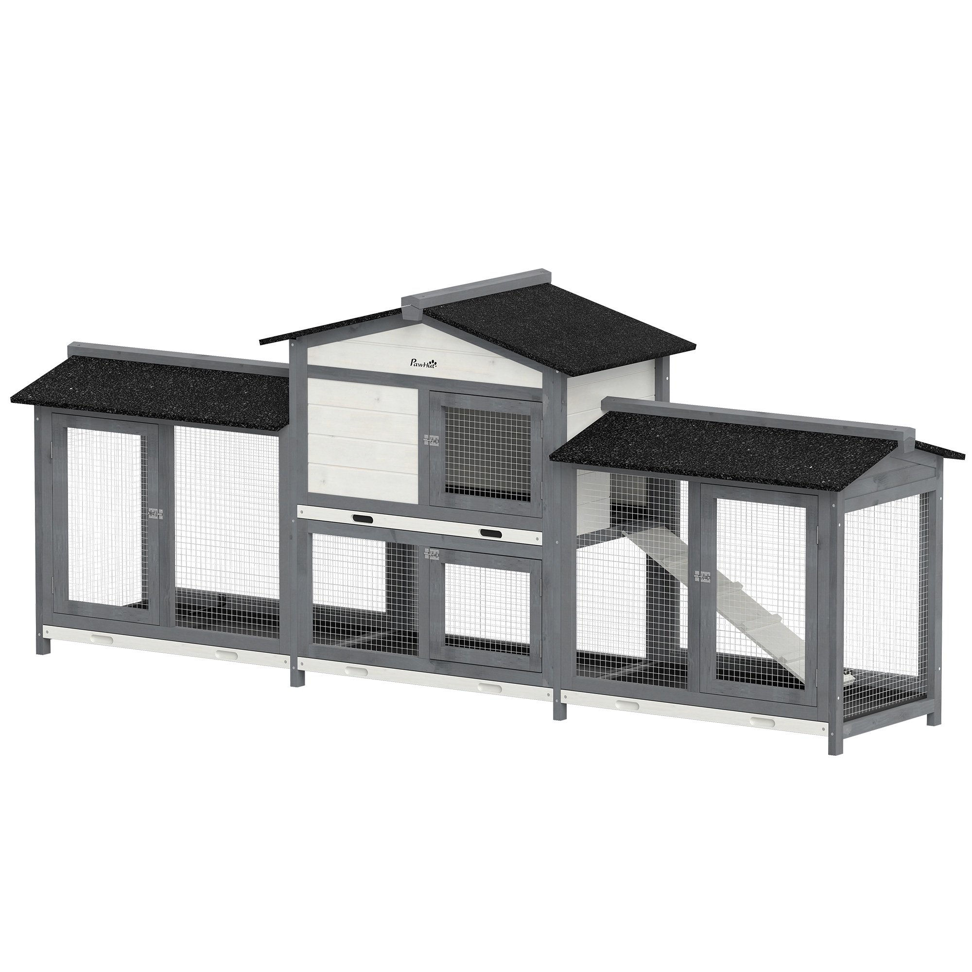 90.5" Wooden Rabbit Hutch with Double Side Run Boxes, Outdoor Bunny Cage Pet Playpen with No Leak Trays, Light Gray