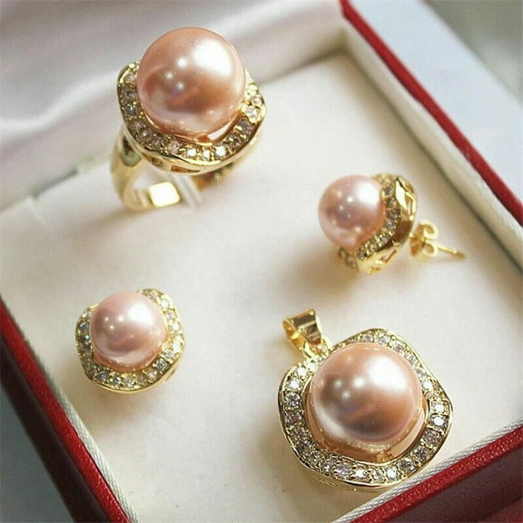GKNET 18K Gold Women's Round Shell Pearl Jade Delicate Jewelry Set Plated Necklace Earring Ring-09# Light Pink