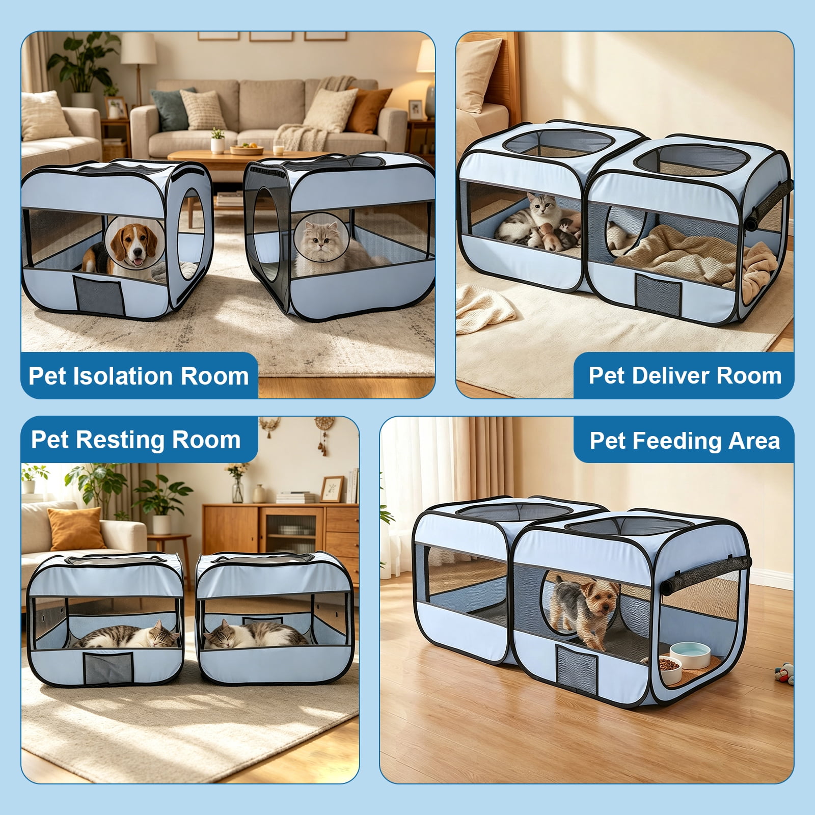 2-in-1 Pop Up Pet Playpen - Detachable 2 Separate Pens with Additional Doors, Assembly-Free Portable Foldable Kennel, Indoor Outdoor Enclosure Cage Tent for Cats Dogs Kittens Puppies Small Animals