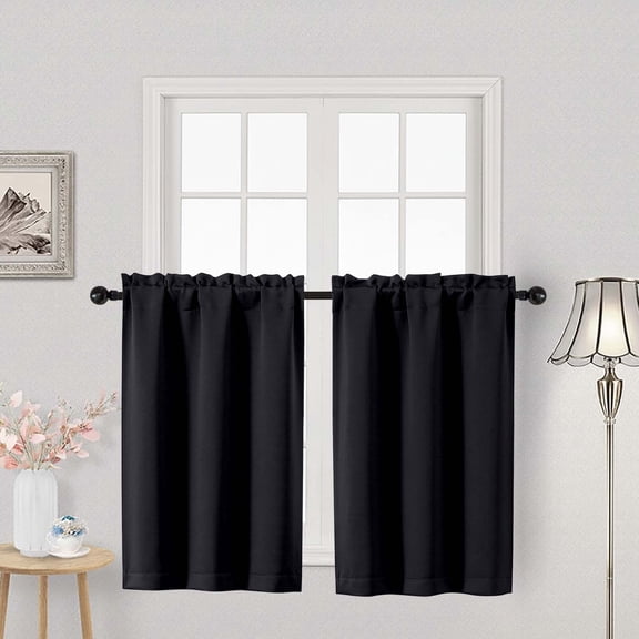 OVZME Black 36 Inch Length Small Blackout & Thermal Insulated Cafe Curtains, 2 Panel Set for Versatile Use in Kitchen, Basement, Cabinet, Camper, RV Bunk,2 PCS, Each 30" Wx36" L, Black