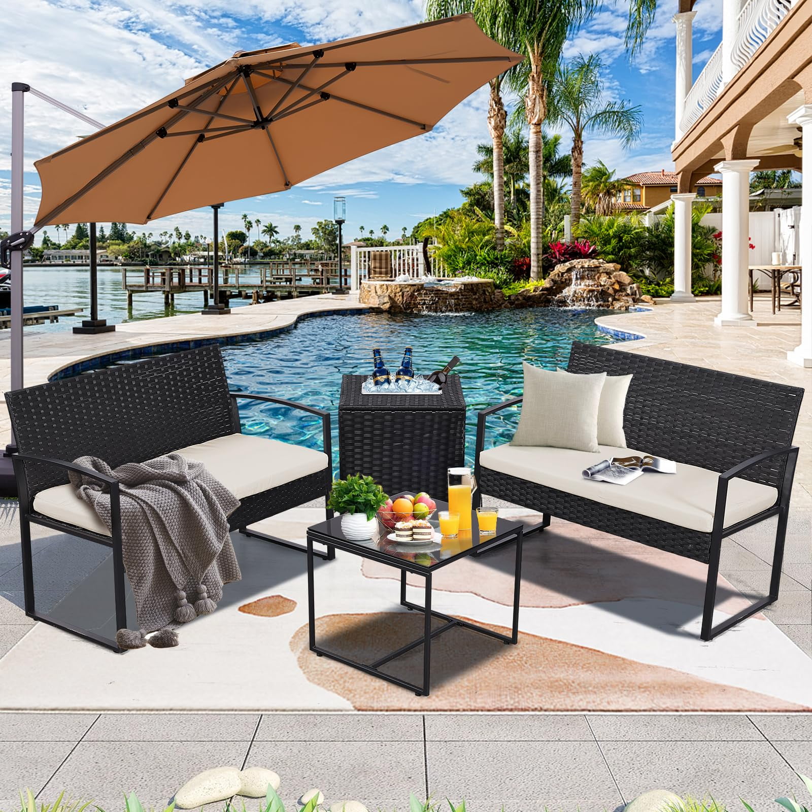 4 Piece Outdoor Patio Furniture Set,Wicker Conversation Sets Patio Sofa Couch with Built-in Beverage Cooler Storage Box & Coffee Table for Outside, Garden, Balcony, Porch,Black/Beige