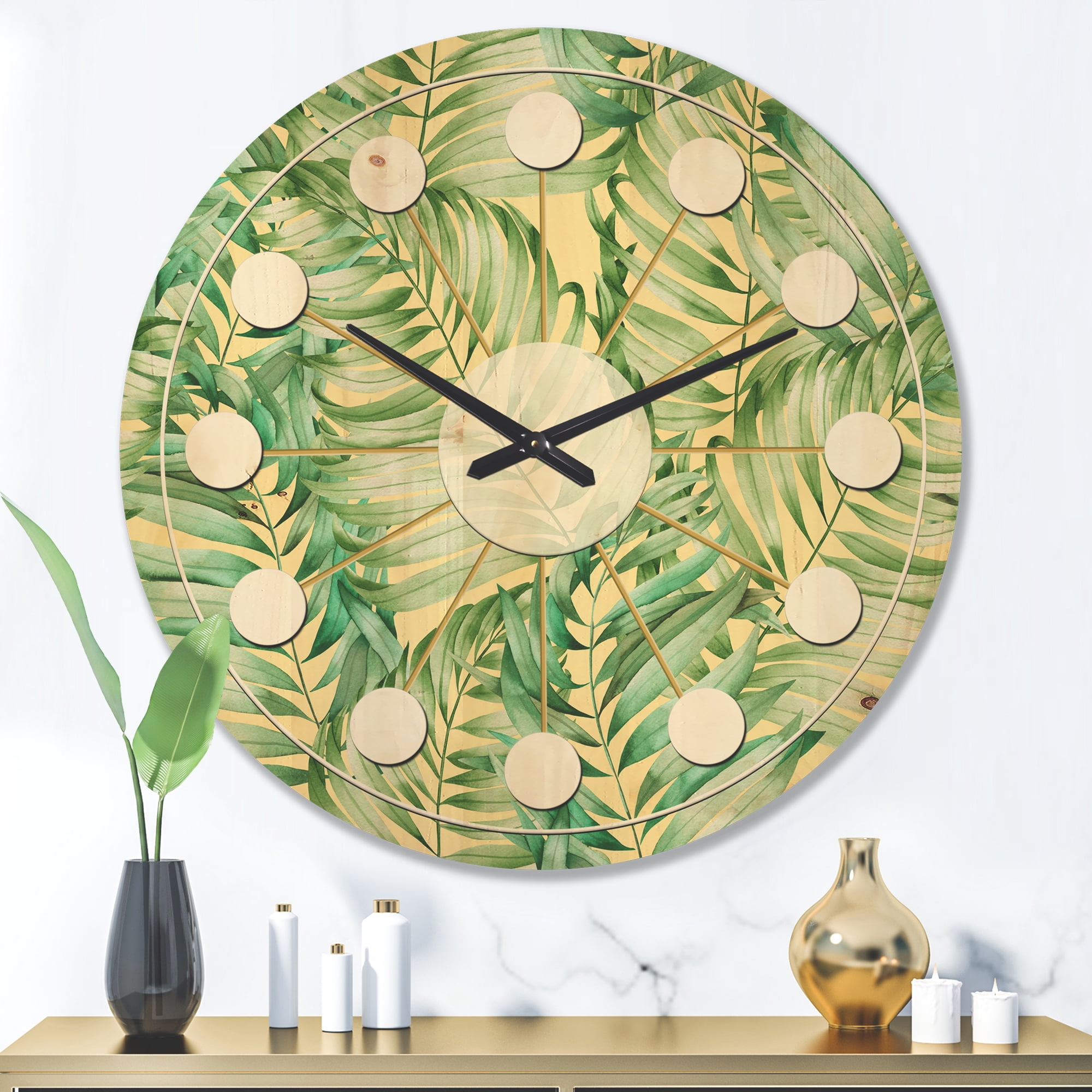 Designart 'Retro Tropical Foliage I' Mid-Century Modern Wood Wall Clock